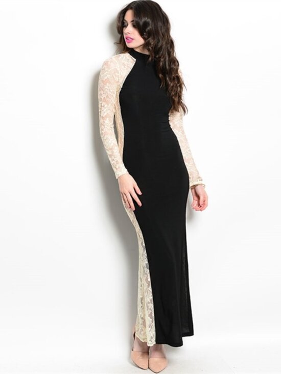Luz Dresses & Skirts - Sheer Lace Maxi Dress Floral Long Sleeve Cut-Out High-Neck, Black Beige